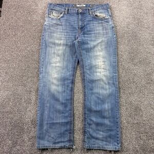 BKE Buckle Jeans Mens 34R Blue Tyler Straight Western Whiskers White Stitching